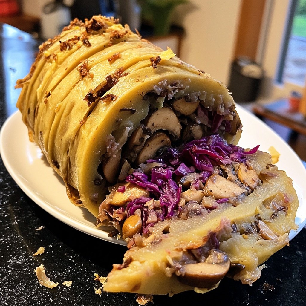 Kartoffel-Steinpilz-Rolle mit Dattelrotkohl