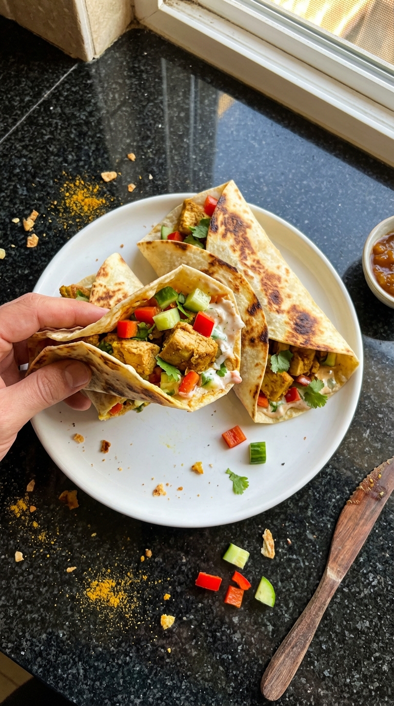 Einfach zubereitete Curry Hühnchen Wraps