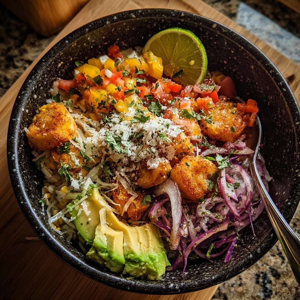 Scharfer Fisch Taco Bowl Avocado